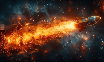 Wall Mural - an abstract digital rocket launches into outer space, boosting careers with an orange spaceship agai