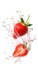 Falling Strawberry splash isolated on white background, full depth of field, transparent png background