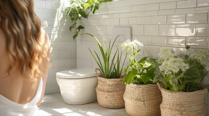 Eco-friendly bathroom with indoor plants - generative ai