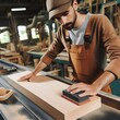 © Lab - Manufacturer working in joinery using sanding block to remove imperfections on wood piece. Woodworking specialist using coarse grade sandpaper to do manual sanding on lumber