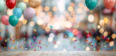 Wall Mural - Colorful Balloons With Confetti Celebration in a Busy Street During Festive Season