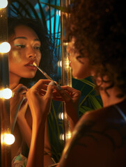 Wall Mural - Transgender person applying makeup in front of mirror, showcasing their makeup skills and focus