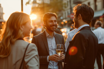 Business professionals socialize and network during outdoor events, enjoying drinks and conversation as the sun sets