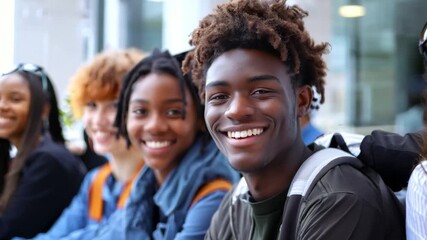 Poster - A group of smiling teenagers interacts joyfully at a community event, showcasing friendship and engagement in a vibrant urban environment.