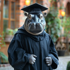 Poster - Realistic Hippo wearing dark graduation gown graduation hat colorful tassel, background university