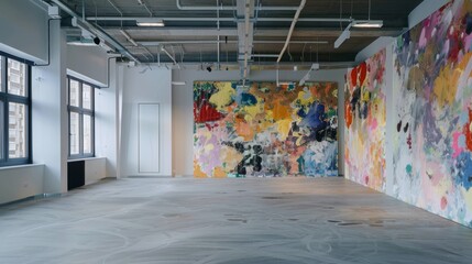 Wall Mural - Colorful abstract graffiti on grungy white front wall in an empty urban interior background