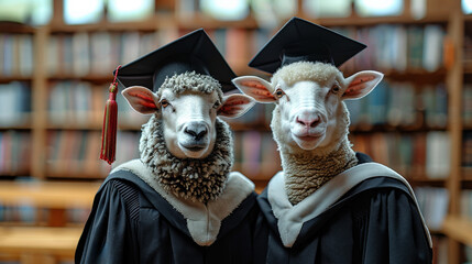 Poster - Graduation two sheep lamb dark dress graduate cap yellow dark glasses background educational institution