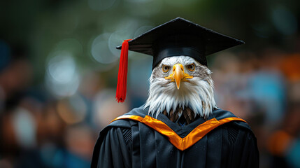 Wall Mural - Graduation eagle wearing dark dress graduate cap dark glasses background educational institution