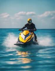 Poster - Jet ski speeding across crystal clear blue waters with a bright sky
