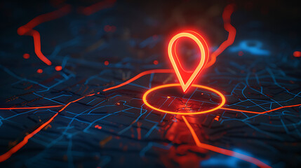 Wall Mural - a glowing red neon location marker floating above a dark map-like surface with illuminated lines resembling streets or pathways