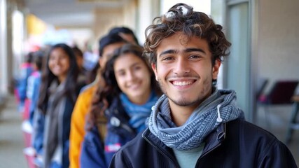 Poster - A group of young adults stands in line, smiling and chatting, enjoying the atmosphere of an outdoor event on a sunny day.