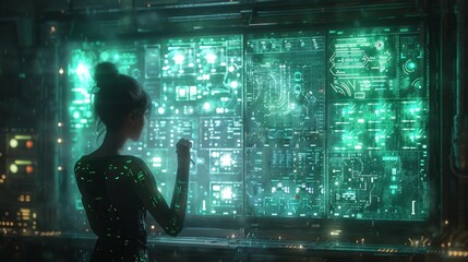 Wall Mural - Futuristic woman at a control panel - generative ai