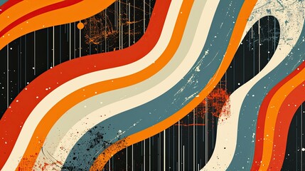 Poster - Colorful Retro Grunge Wallpaper Featuring Wavy Lines and Stripes in Earthy Tones