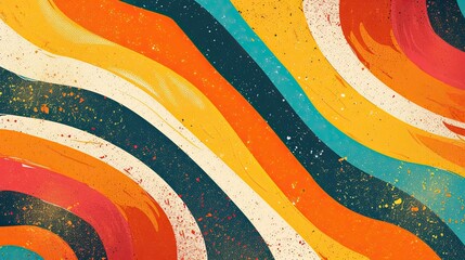 Aufkleber - Colorful Retro Grunge Wallpaper Featuring Abstract Curved Lines and Stripes in Vibrant Shades