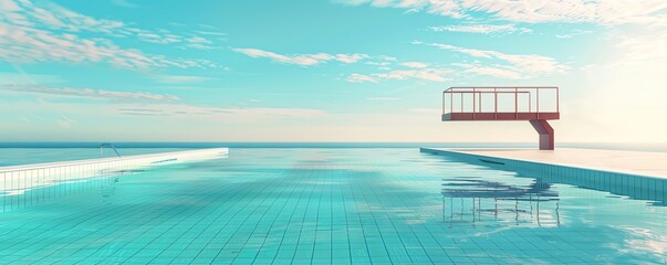 A serene swimming pool with clear blue water under a bright sky, featuring a diving platform in a tranquil environment.