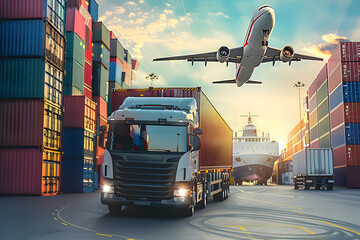 Container truck in ship port for business Logistics and transportation of Container Cargo ship and Cargo plane, logistic import export and transport concept