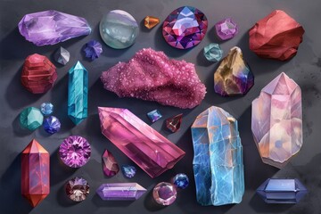 Poster - a collection of crystals and other gems, collection of gemstones with different cuts and colors