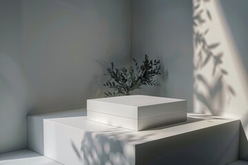 Leinwandbilder - A minimalist composition featuring a white box with delicate leaves casting shadows, creating an interplay of light, perfect for serene and modern aesthetics.