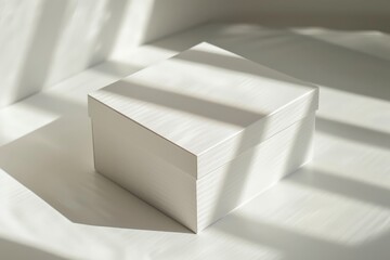 Aufkleber - A pristine white rectangular box with a lid, bathed in sunlight rays that create gentle light and shadow interplay, emphasizing the boxes clean lines and elegance.