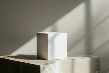 Leinwandbilder - A small white cube placed on a concrete surface, highlighted by the interplay of sunlight and shadows, demonstrating a simple yet captivating design aesthetic.