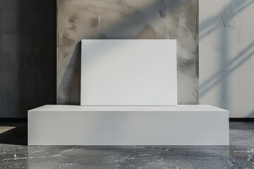 Fototapete - a blank white canvas placed on a prominent stone pedestal against a rough textured background, creat