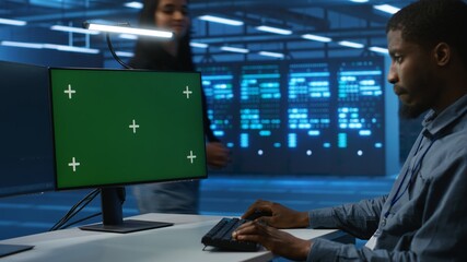 Poster - african american software developer coding on green screen computer, upgrading equipment. system adm