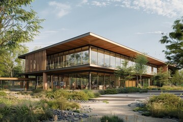 Poster - This image showcases a spacious, modern building with expansive glass windows, seamlessly blending with its lush, natural setting, emphasizing harmony between architecture and nature.