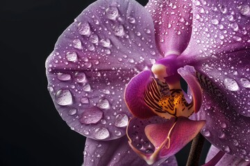 Poster - a close up of a flower with water droplets, detailed close-up of a blooming orchid with dew drops on its petals