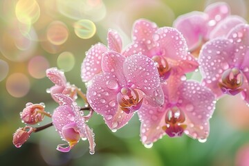 Poster - a close up of a flower with water droplets, detailed close-up of a blooming orchid with dew drops on its petals