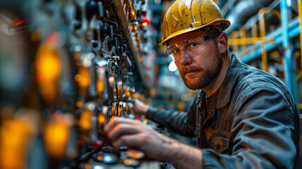 Wall Mural - Detailed view worker uniform industrial plant, makes survey, checking equipment against background