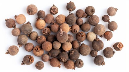 Poster - A collection of dried allspice berries scattered across a white background, showcasing their rough texture and brown hues, ideal for culinary and seasoning purposes.