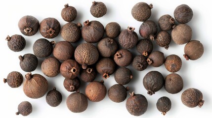 Poster - A visually appealing heap of assorted peppercorns captured on a white background, showcasing their varied textures and colors, perfect for enhancing flavors in diverse culinary dishes.