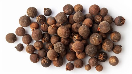 Poster - A close-up pile of dried allspice berries resting on a white surface, highlighting their intricate textures and rich brown shades, perfect for cooking and flavoring dishes.