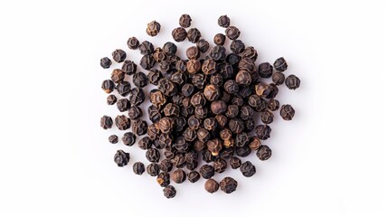 Poster - A scattered arrangement of black peppercorns on a white background surface, displaying their round shapes and dark hues, commonly used as a seasoning in various cuisines.