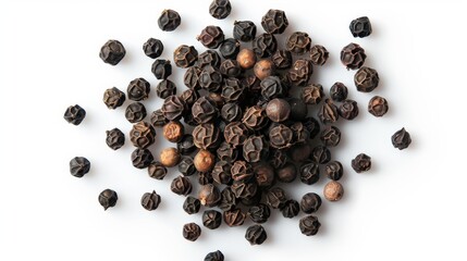 Poster - A close-up view of black peppercorns scattered on a white surface, emphasizing their textured outer layers and dark coloration, essential for adding flavor to dishes.