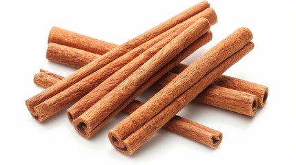Poster - This image displays neatly arranged cinnamon sticks on a white background, emphasizing their natural brown hue and coarse texture, perfect for aromatic culinary purposes.