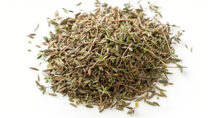 Poster - This image captures a pile of dried thyme herbs isolated on a white background, highlighting their dried, delicate leaves and stems, commonly used in culinary seasoning.