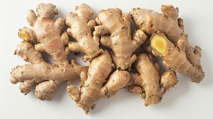 Poster - This image showcases fresh ginger roots, displaying their characteristic knobby and branched appearance, arranged on a clean white background for detailed visibility.