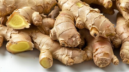 Poster - A close-up photograph depicting fresh ginger roots, emphasizing their natural texture and unique knobby shapes, all arranged closely together against a plain backdrop.