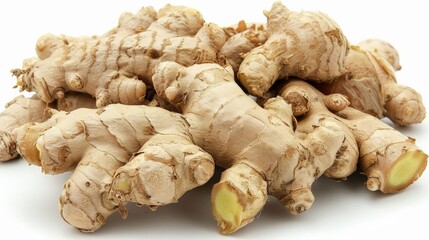 A pile of ginger roots resting on a surface, highlighting their distinctive texture and fresh, knobby appearance ideal for use in cooking and natural remedies.