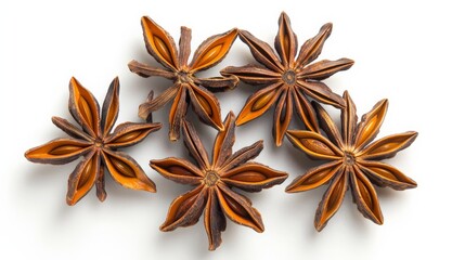 Aufkleber - Five star anise pods are arranged side by side on a white surface, showcasing their star-shaped form and rich brown color, perfect for culinary applications and aesthetic appeal.