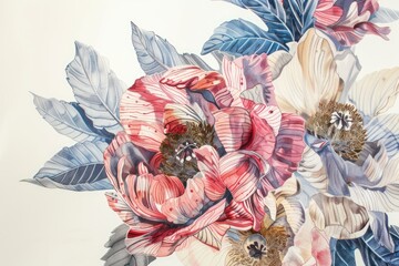 Poster - a painting of flowers with leaves and a bee,