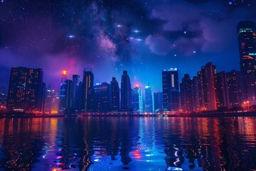 Aufkleber - a city skyline with a lake and a purple sky,
