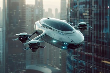 Poster - a futuristic flying vehicle in the air over a city,
