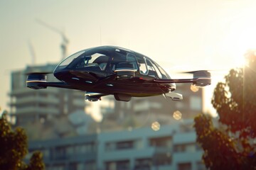 Poster - a futuristic flying vehicle in the air over a city,
