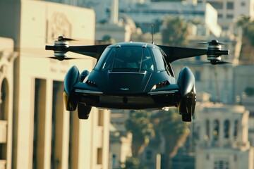 Poster - a futuristic flying vehicle in the air over a city,