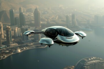 Poster - a futuristic flying vehicle in the air over a city,