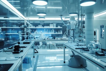 Poster - a lab with a lot of equipment on the counter, futuristic laboratory conducting experiments on advanced technology
