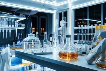 Poster - a lab with a lot of equipment on the counter, futuristic laboratory conducting experiments on advanced technology