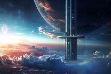 a space station in the sky with a mountain in the background, futuristic space elevator concept could revolutionize access to space